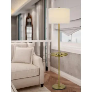 150W 3 Way Crofton Metal Floor Lamp With Centered Metal Tray Table With 2 Usb Charging Ports And Weighted Metal Base, Antique Brass By Cal Lighting