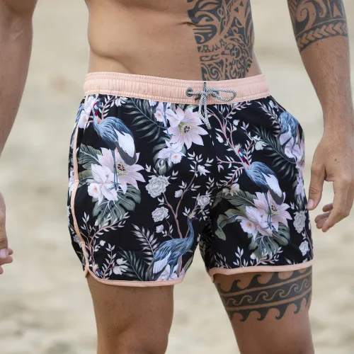 4.5 Inch Inseam Vintage Stretch Crane Bouquet Swim Trunks