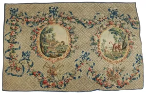 Antique Tapestry, Aubusson, Fontaine's Fables , 87" X 125", Floral, Farming,  1700s!