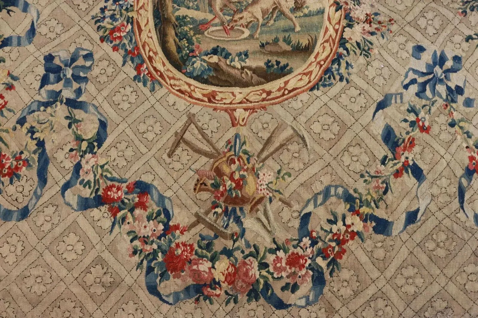 Antique Tapestry, Aubusson, Fontaine's Fables , 87" X 125", Floral, Farming,  1700s!