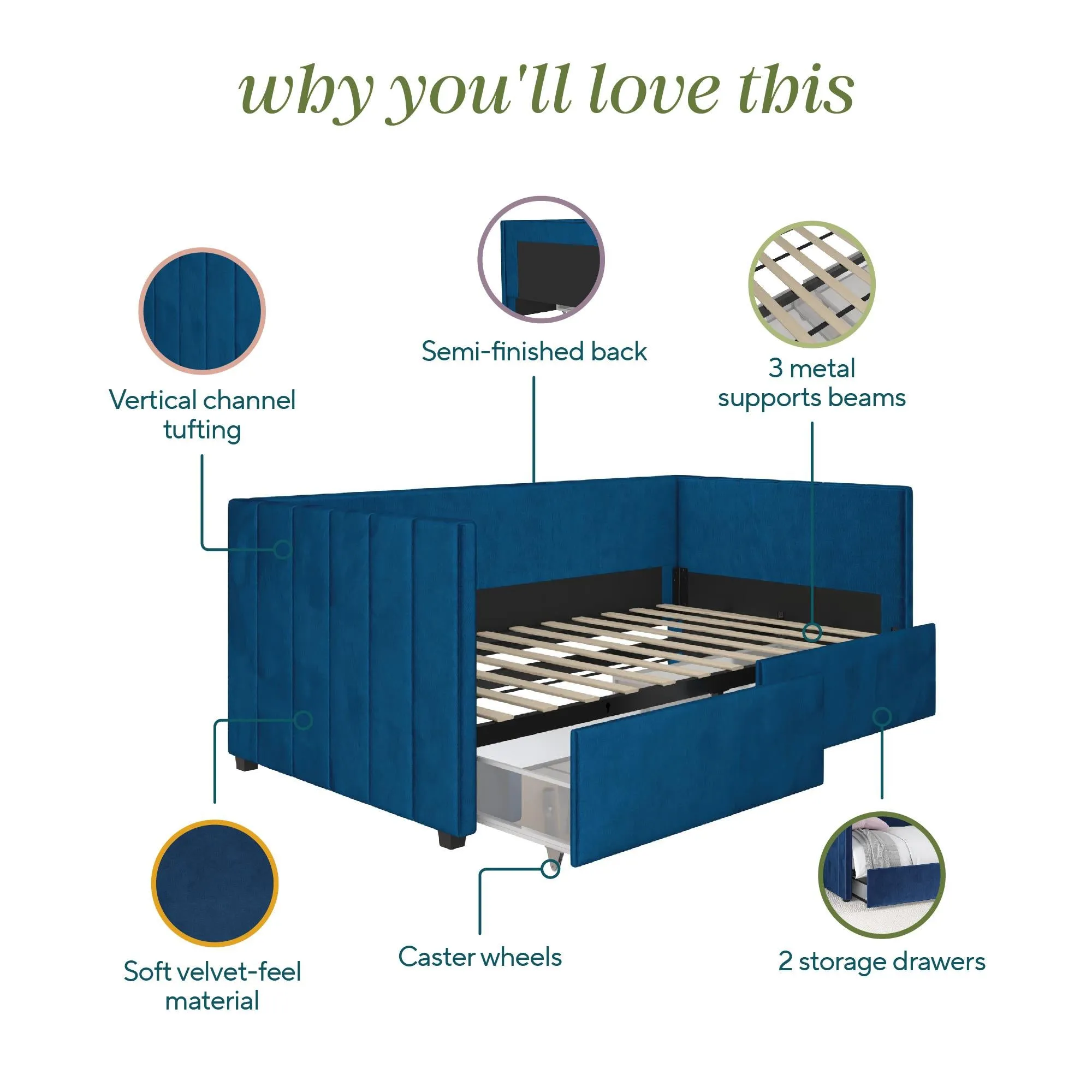 Arliss Modern Glam Tuxedo Daybed with Storage, Twin, Blue Velvet