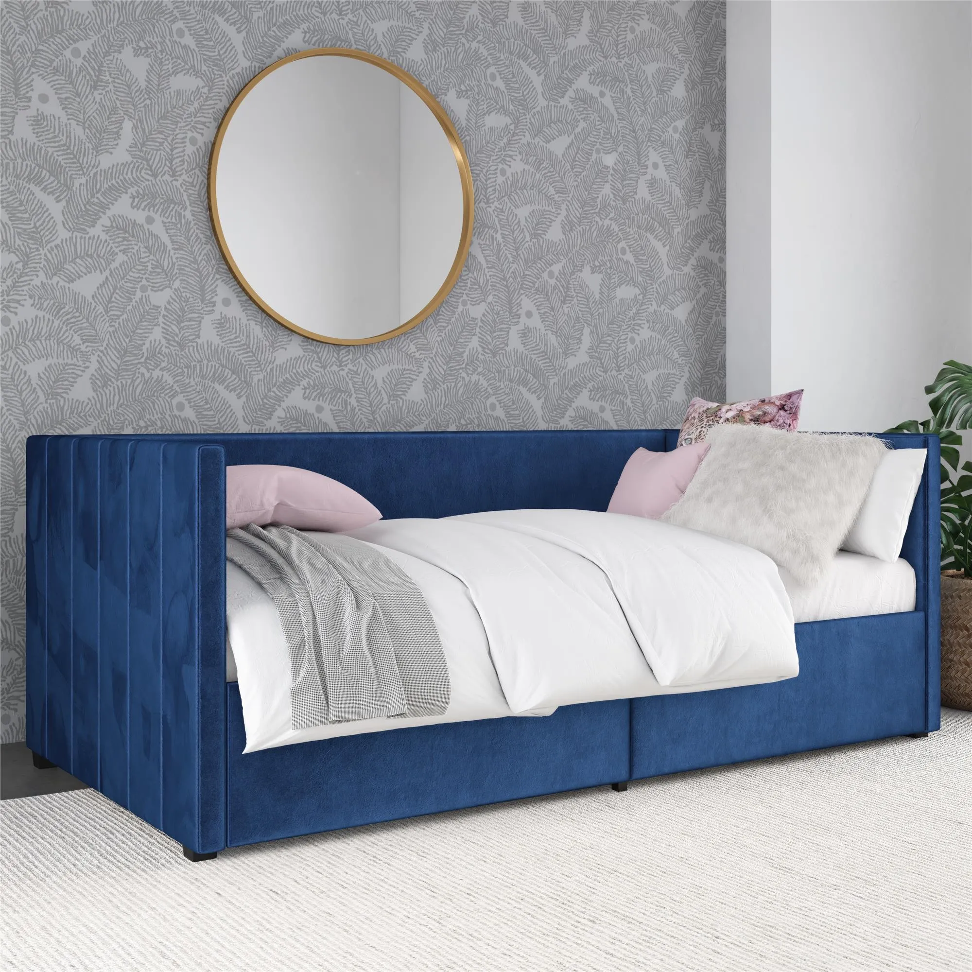 Arliss Modern Glam Tuxedo Daybed with Storage, Twin, Blue Velvet