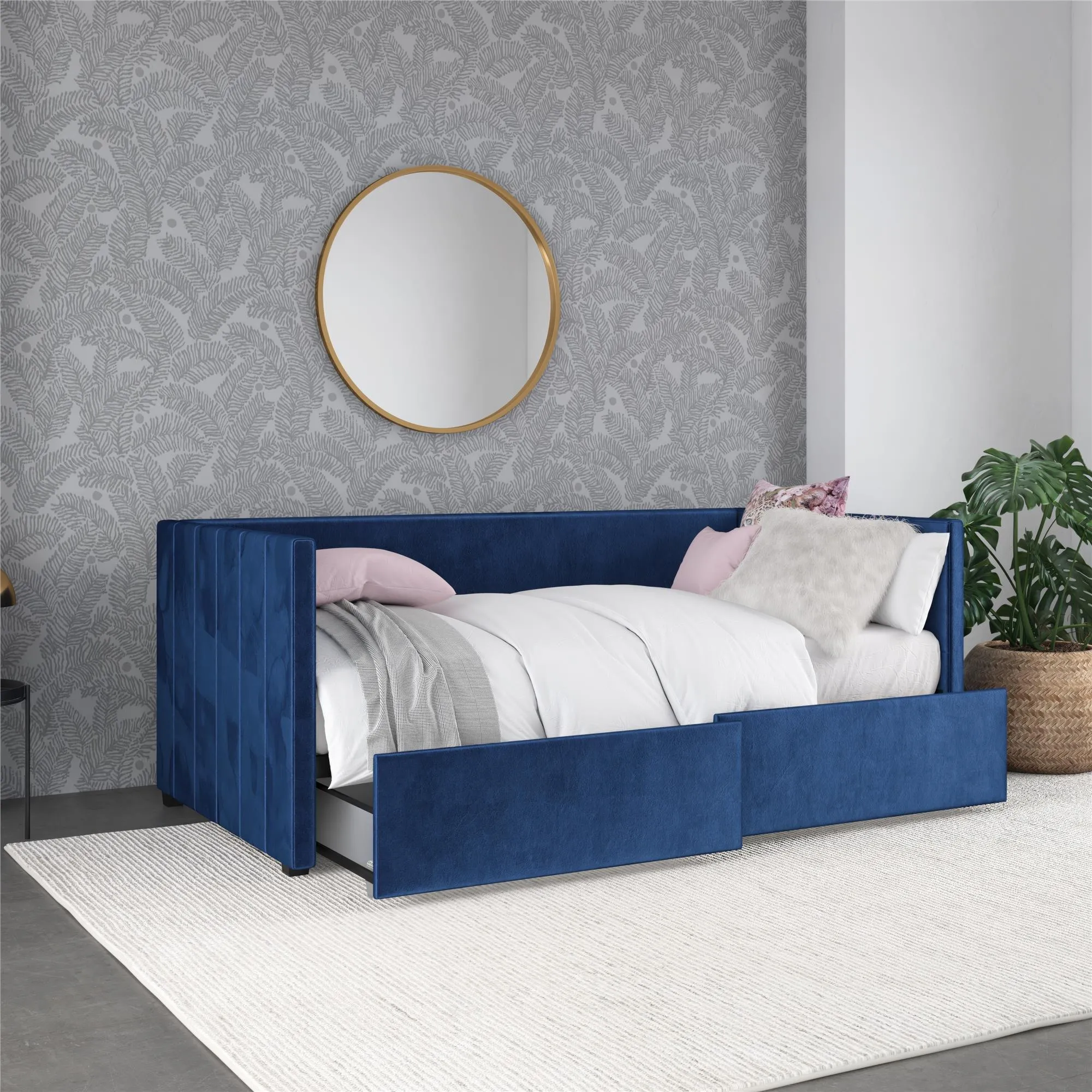 Arliss Modern Glam Tuxedo Daybed with Storage, Twin, Blue Velvet