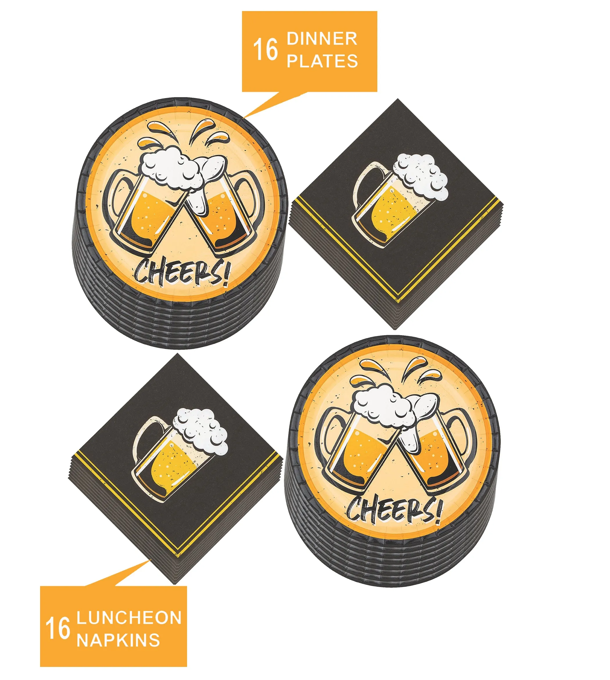 Beer Party Supplies and Beer Theme Decorations (Cheers and Beers Black Paper Dinner Plates and Luncheon Napkins (Serves 16))