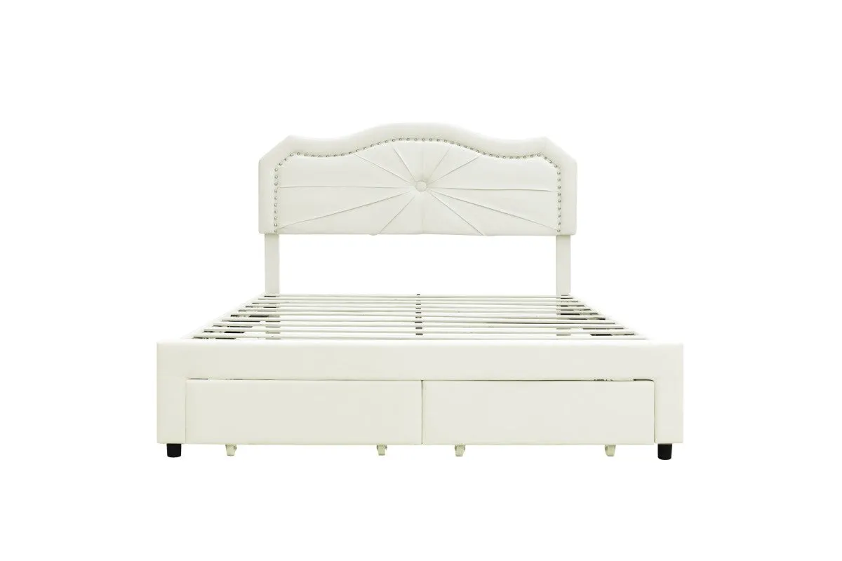 Beige Queen Platform Bed w/ 2 Footboard Drawers