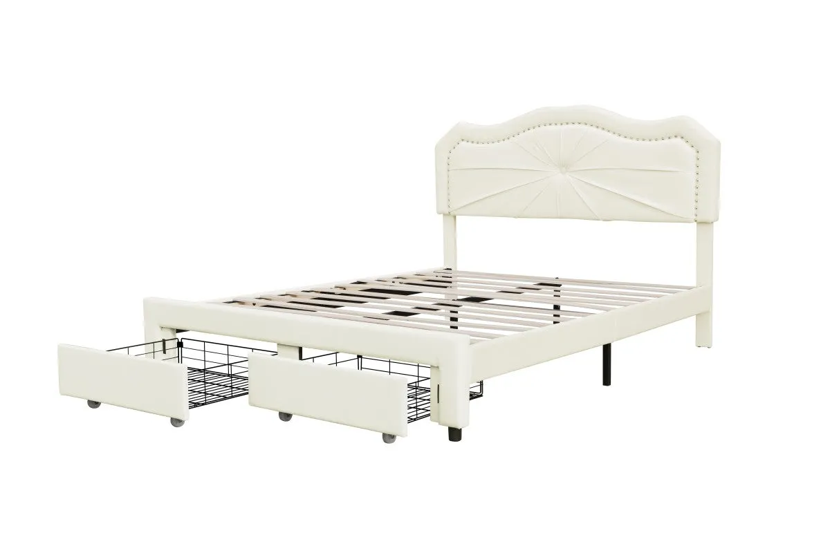 Beige Queen Platform Bed w/ 2 Footboard Drawers