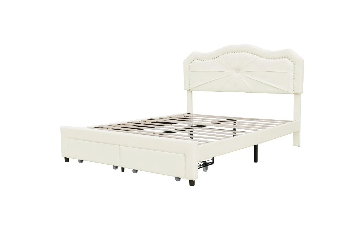 Beige Queen Platform Bed w/ 2 Footboard Drawers