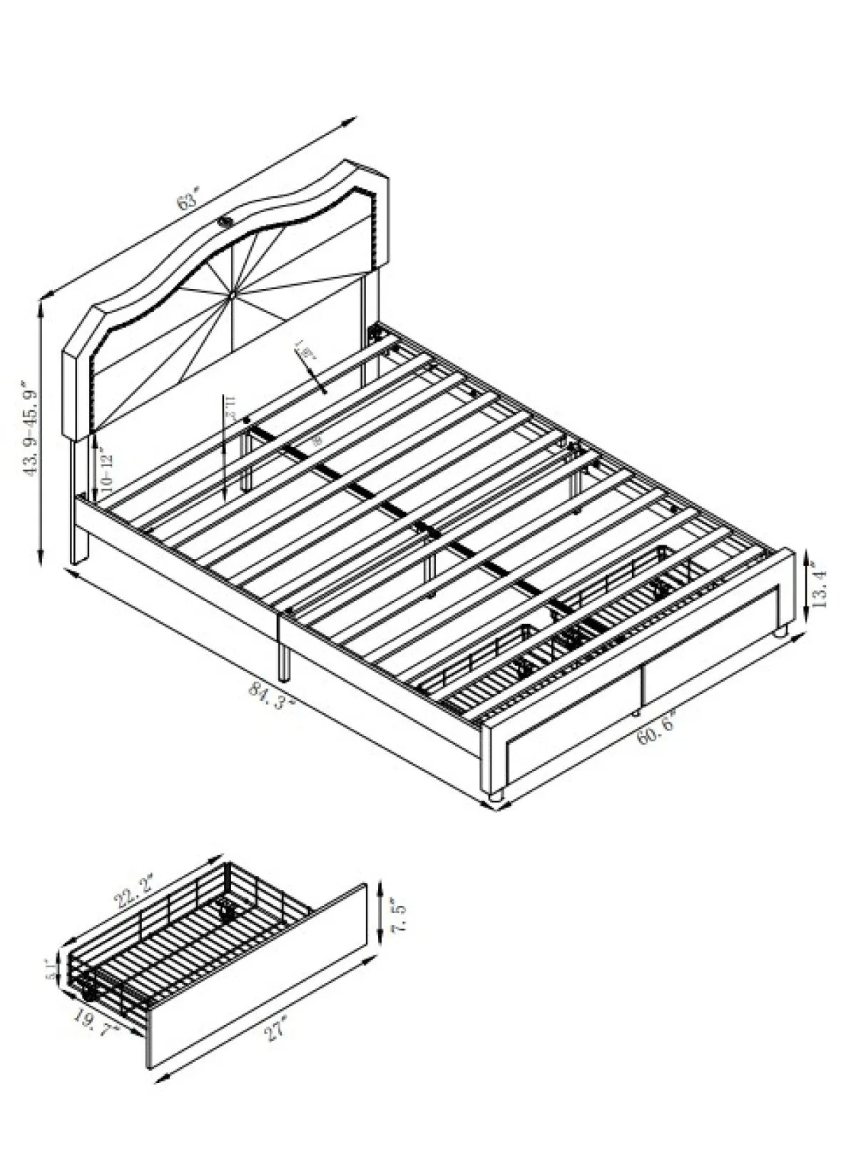 Beige Queen Platform Bed w/ 2 Footboard Drawers