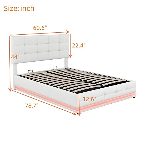 Bellemave Full Size Tufted PU Upholstered Platform Bed Frame with Gas Lift Up Storage, RGBW LED Lights and USB Charger, White