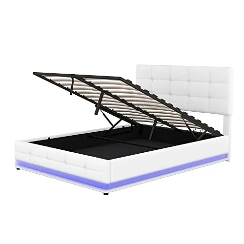 Bellemave Full Size Tufted PU Upholstered Platform Bed Frame with Gas Lift Up Storage, RGBW LED Lights and USB Charger, White