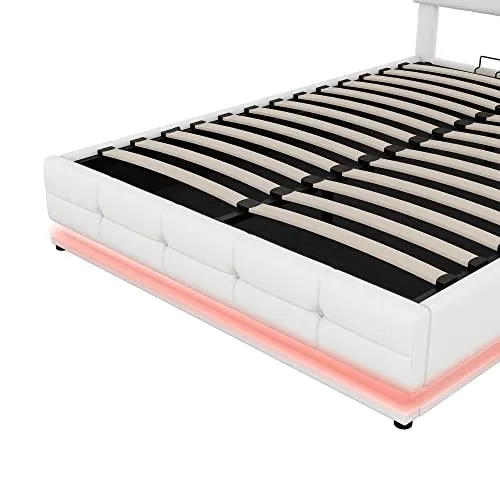 Bellemave Full Size Tufted PU Upholstered Platform Bed Frame with Gas Lift Up Storage, RGBW LED Lights and USB Charger, White