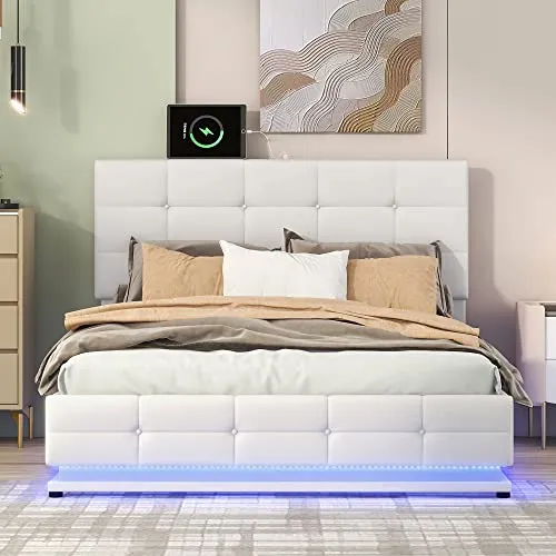 Bellemave Full Size Tufted PU Upholstered Platform Bed Frame with Gas Lift Up Storage, RGBW LED Lights and USB Charger, White