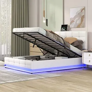 Bellemave Full Size Tufted PU Upholstered Platform Bed Frame with Gas Lift Up Storage, RGBW LED Lights and USB Charger, White