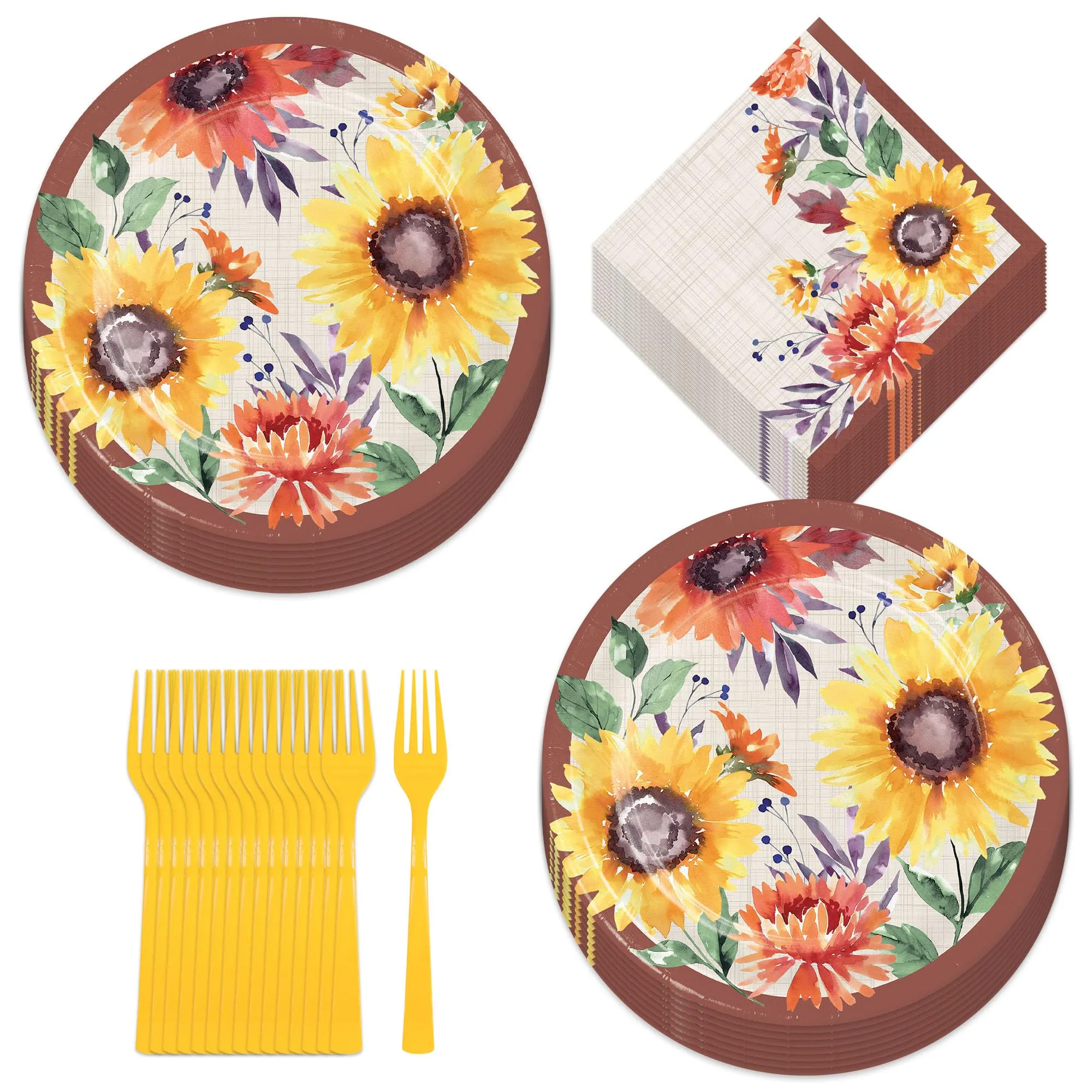 Bright Fall Sunflower Paper Dinner Plates, Lunch Napkins, and Forks (Serves 16)