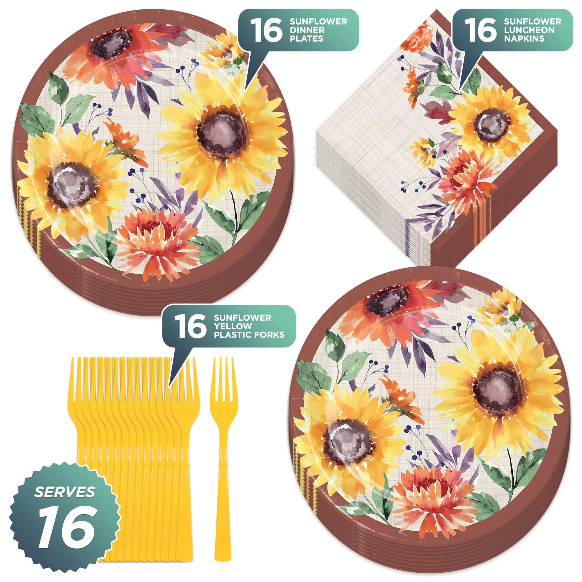 Bright Fall Sunflower Paper Dinner Plates, Lunch Napkins, and Forks (Serves 16)