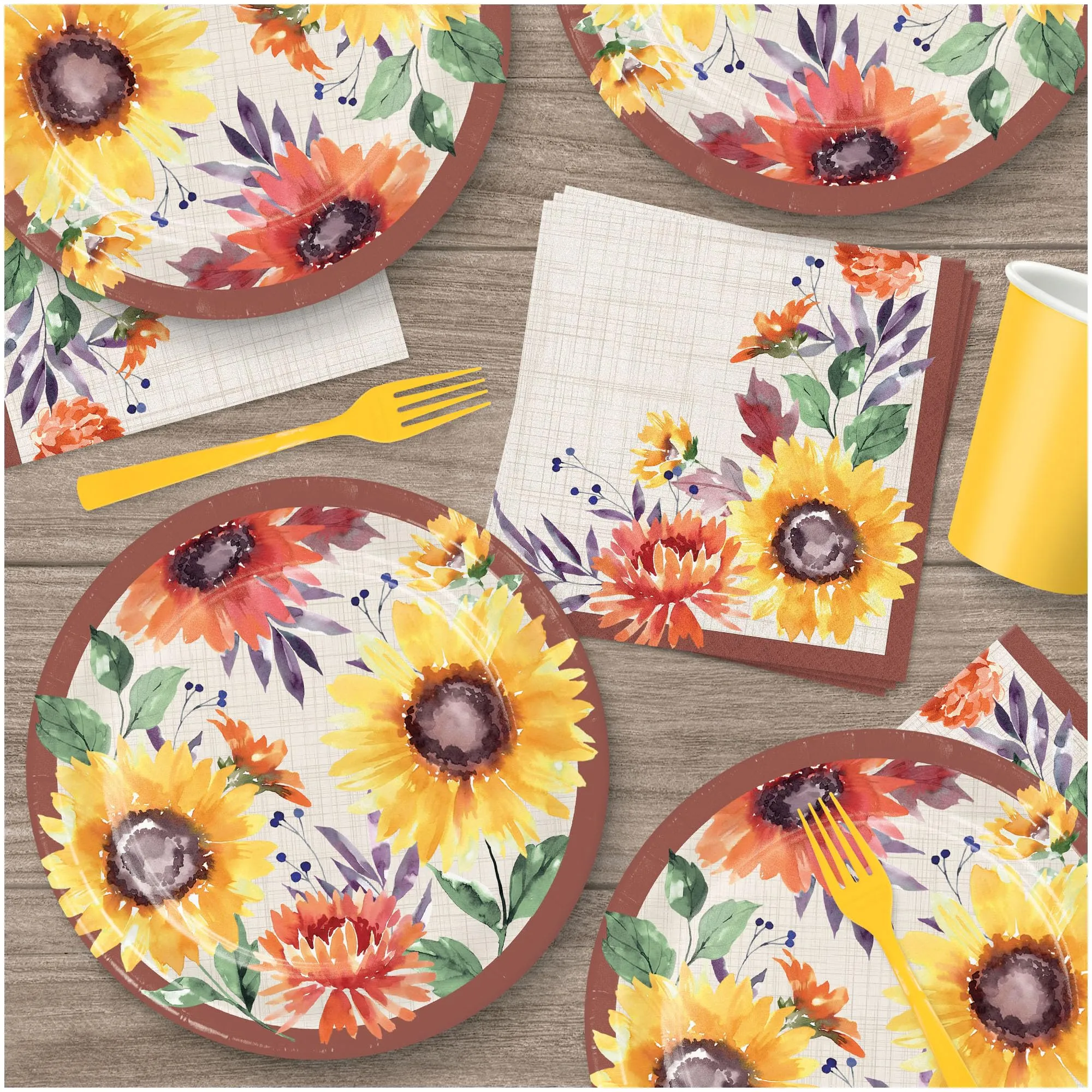 Bright Fall Sunflower Paper Dinner Plates, Lunch Napkins, and Forks (Serves 16)