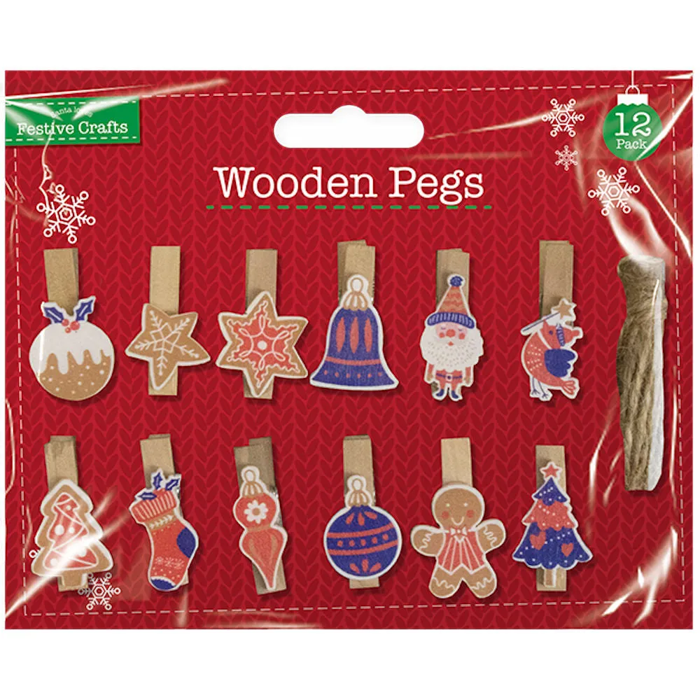 Christmas Wooden Pegs 12 Pack - Festive Clips Hanging Cards Decorations