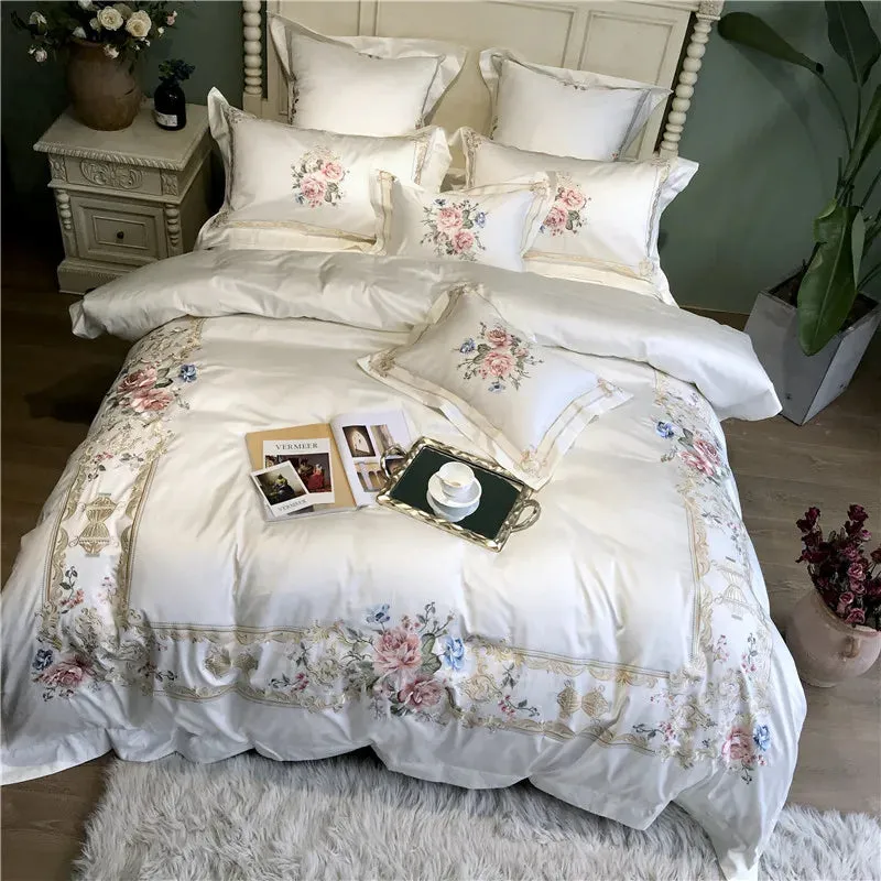 Cotton Luxury Embroidery White Bedding Set Queen King size Super King Duvet Cover Bed sheet set parure de lit