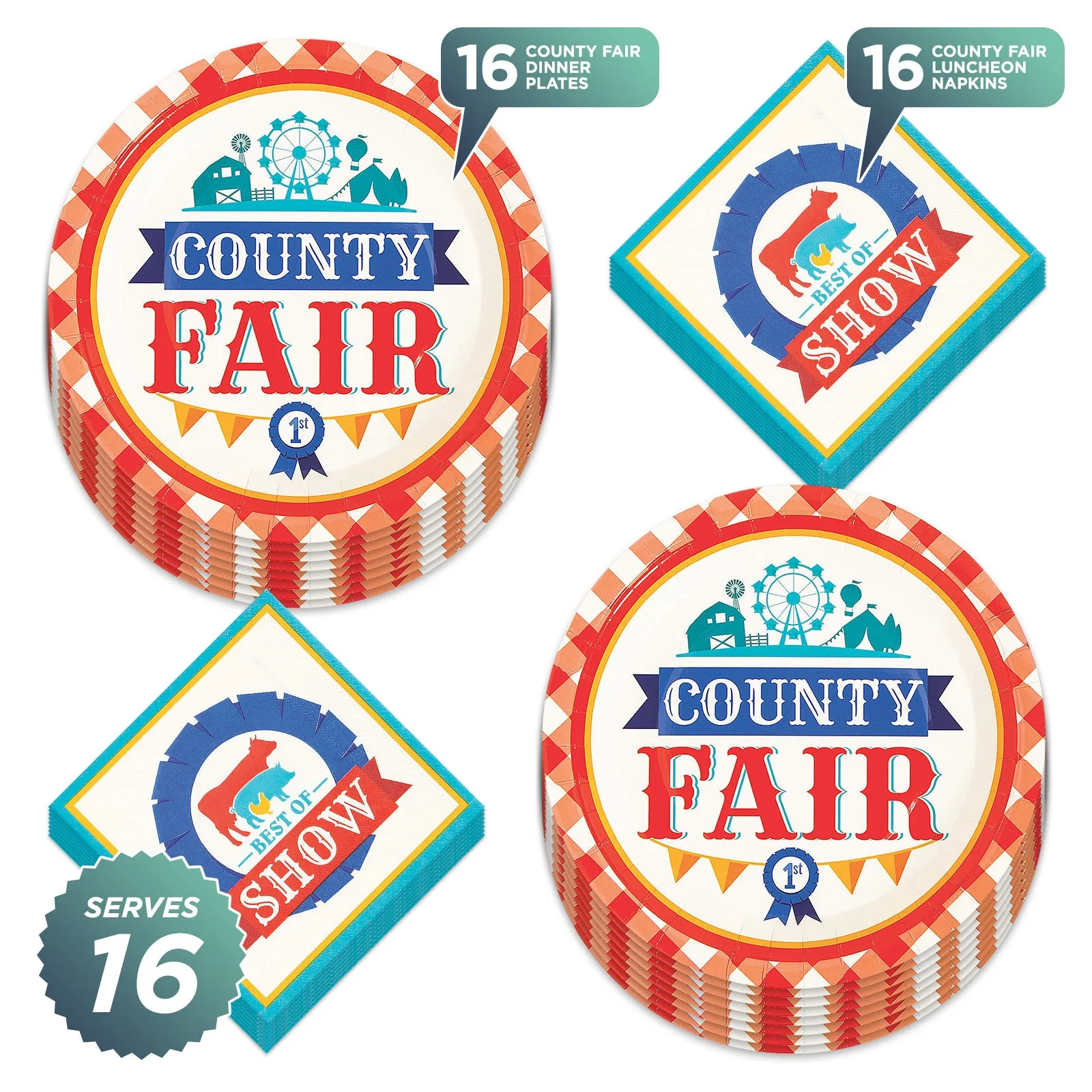 County Fair Party Paper Dinner Plates and Lunch Napkins (Serves 16)