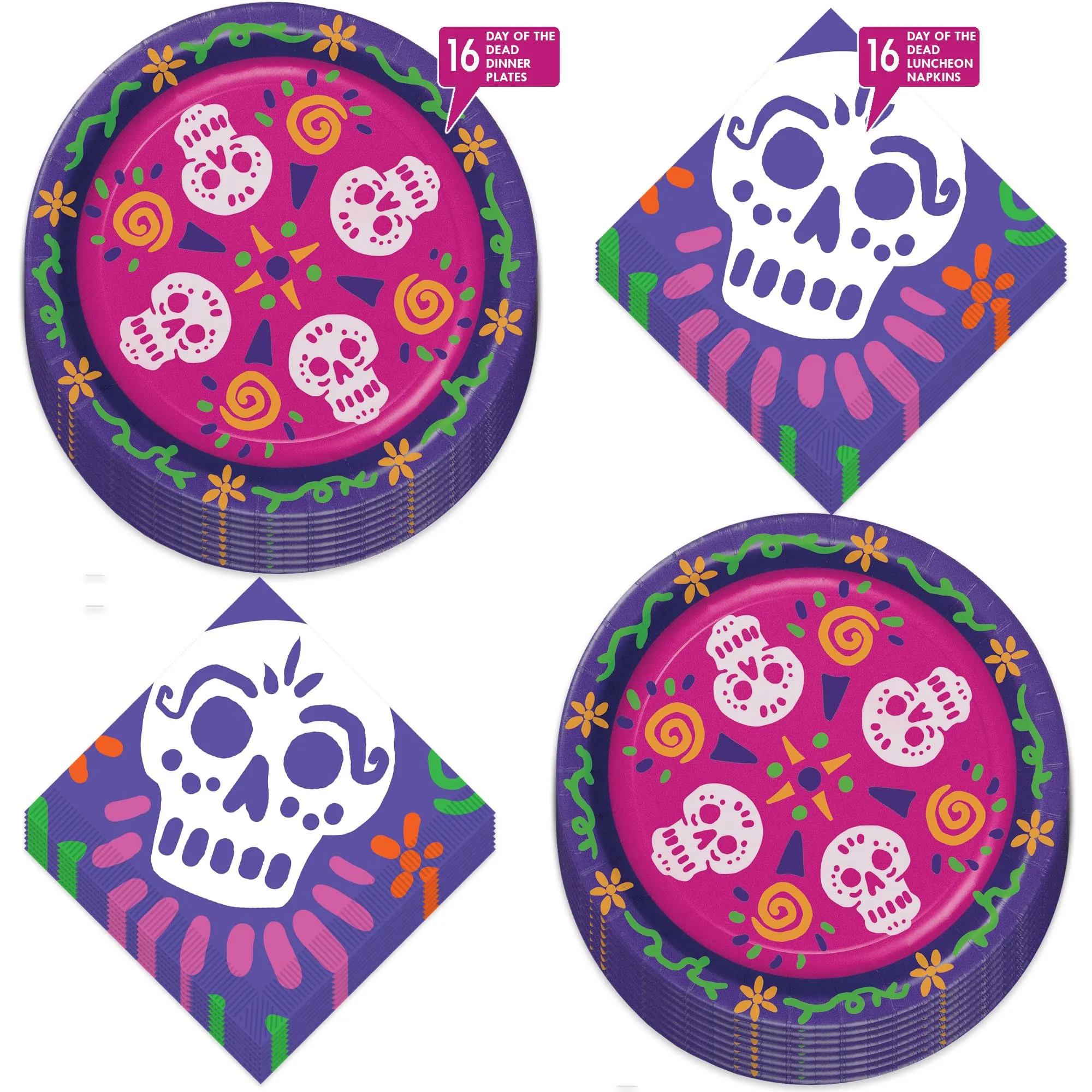 Day of the Dead Party Supplies - Skull Colorful Paper Plates and Napkins (Serves 16)