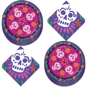 Day of the Dead Party Supplies - Skull Colorful Paper Plates and Napkins (Serves 16)