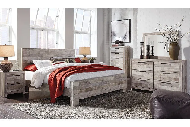 Effie Whitewash King Bed with Dresser Mirror and Nightstand