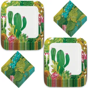 Fiesta Party Dinner Plates and Luncheon Napkins Set - Cactus Succulent Design - Serves 16