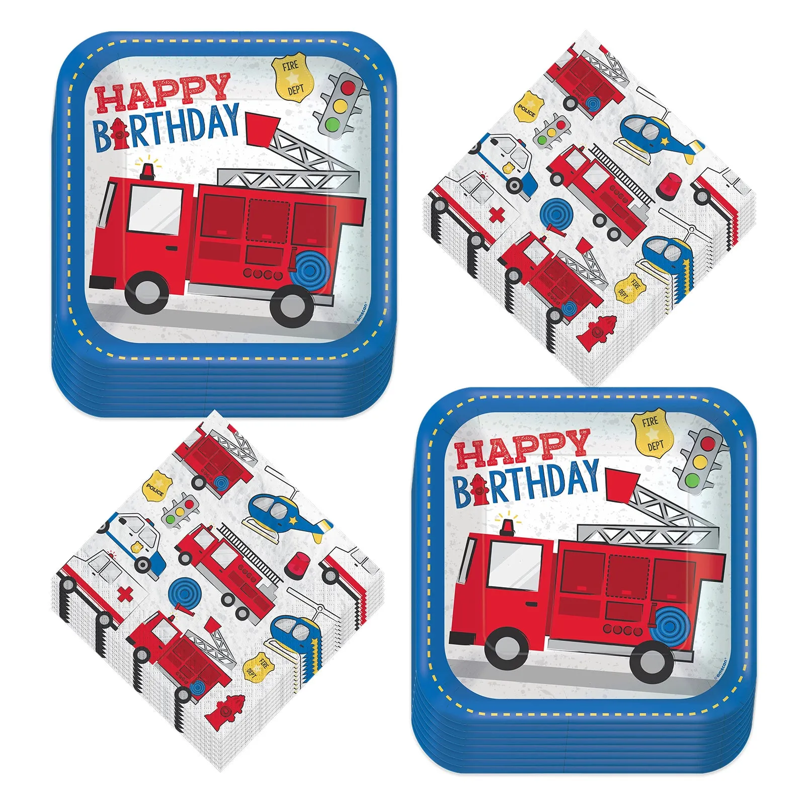 First Responders Fire Truck, Police Car, and Helicopter Transportation Paper Dinner Plates and Lunch Napkins (Serves 16)