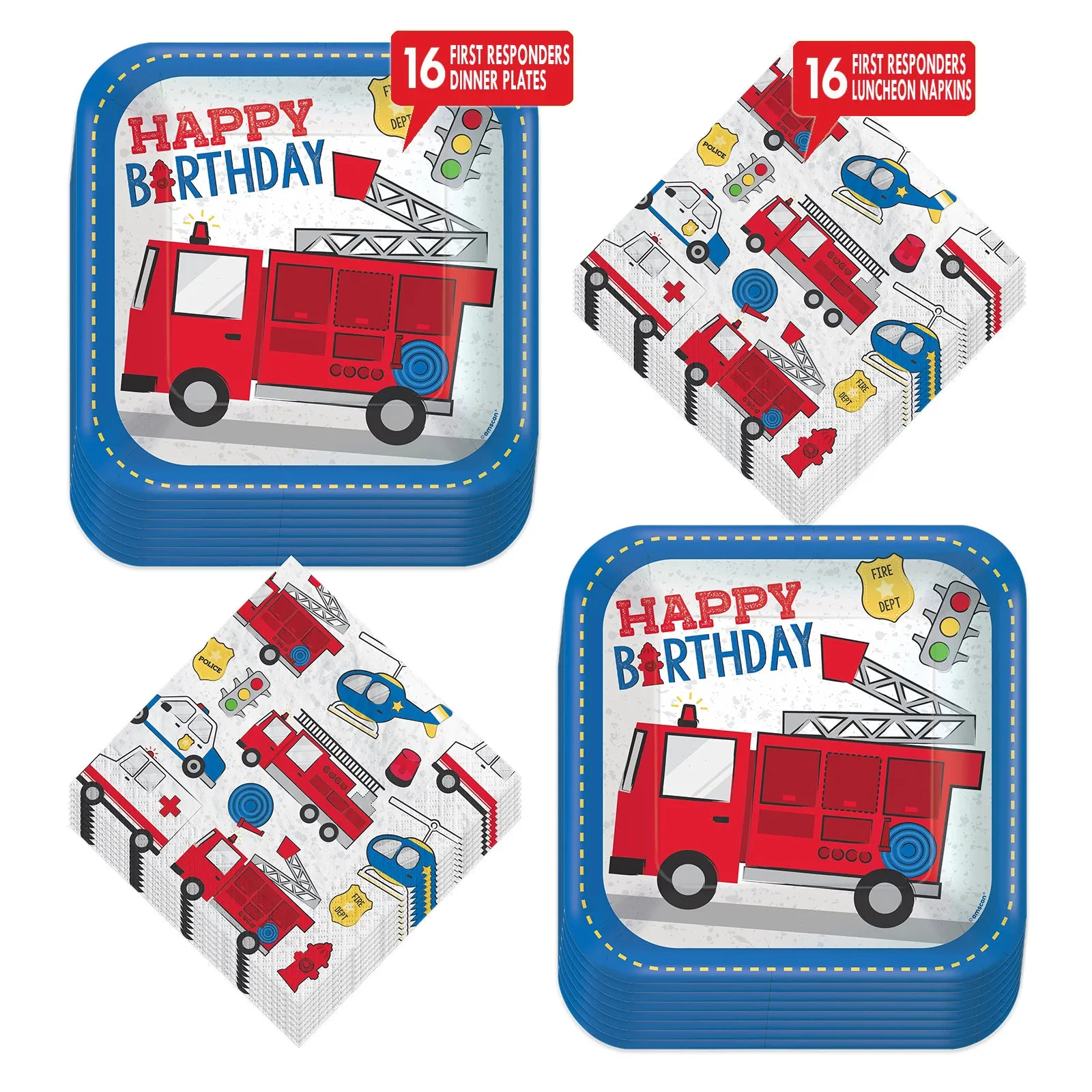 First Responders Fire Truck, Police Car, and Helicopter Transportation Paper Dinner Plates and Lunch Napkins (Serves 16)