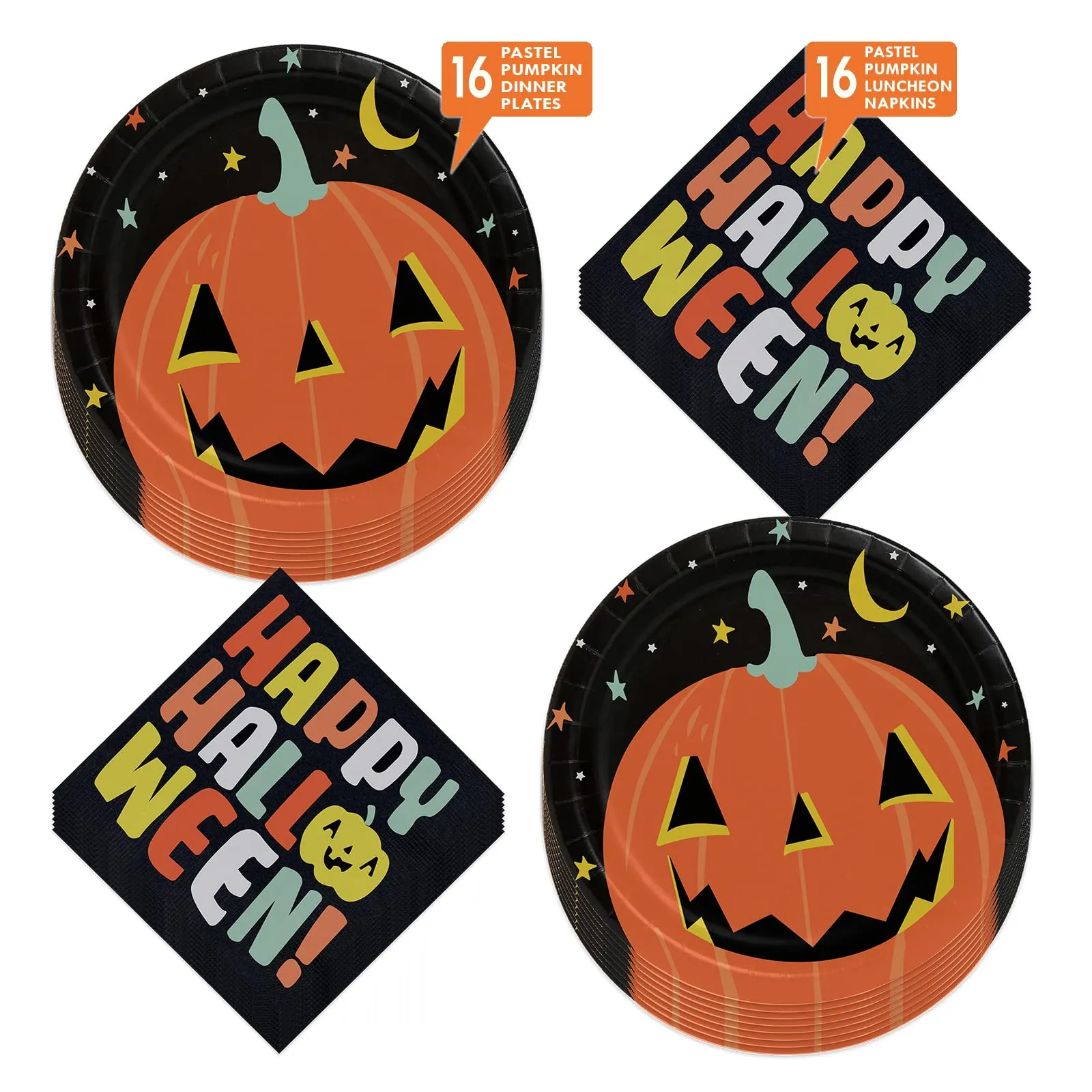 Halloween Night Black & Pastel Pumpkin Paper Dinner Plates and Lunch Napkins (Serves 16)