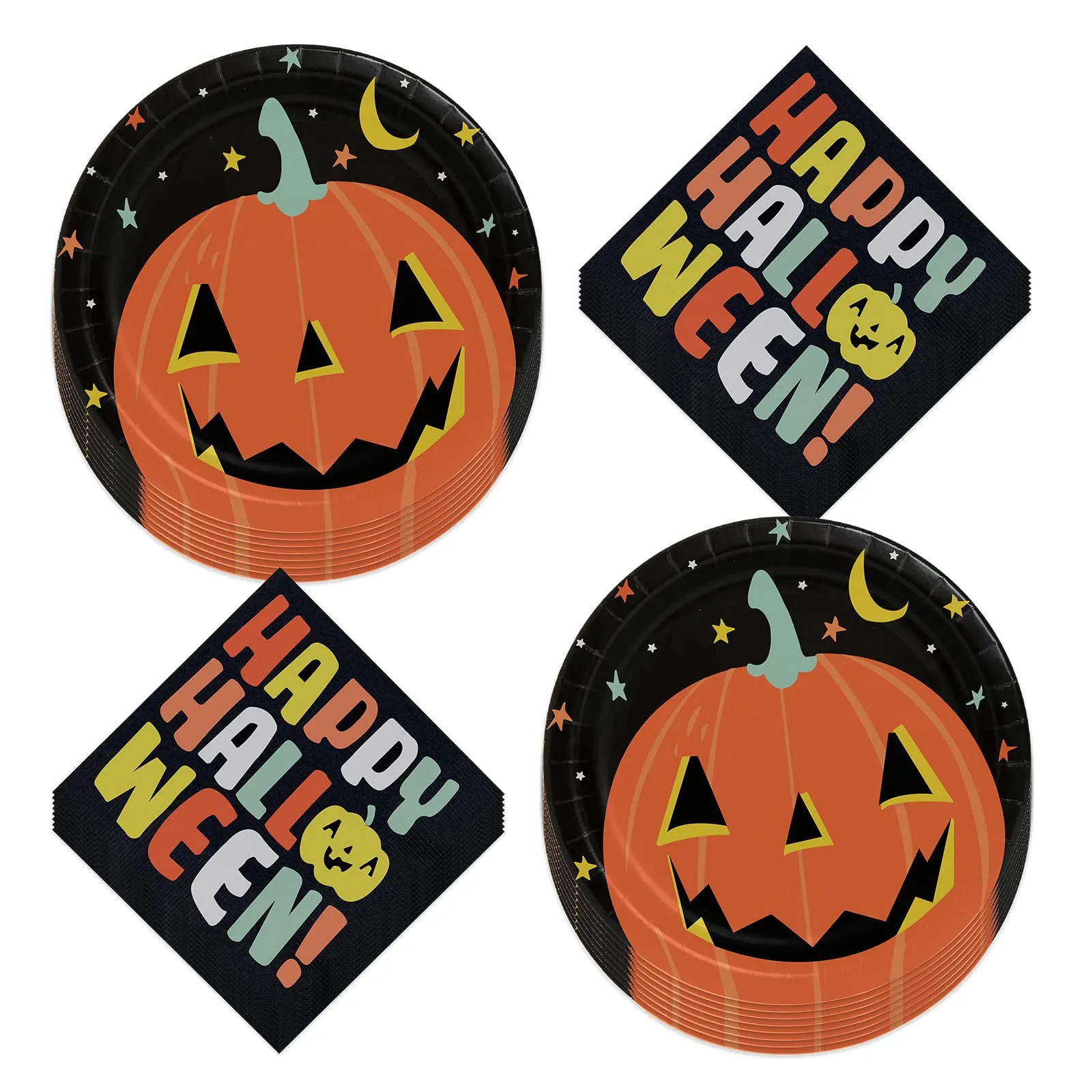 Halloween Night Black & Pastel Pumpkin Paper Dinner Plates and Lunch Napkins (Serves 16)