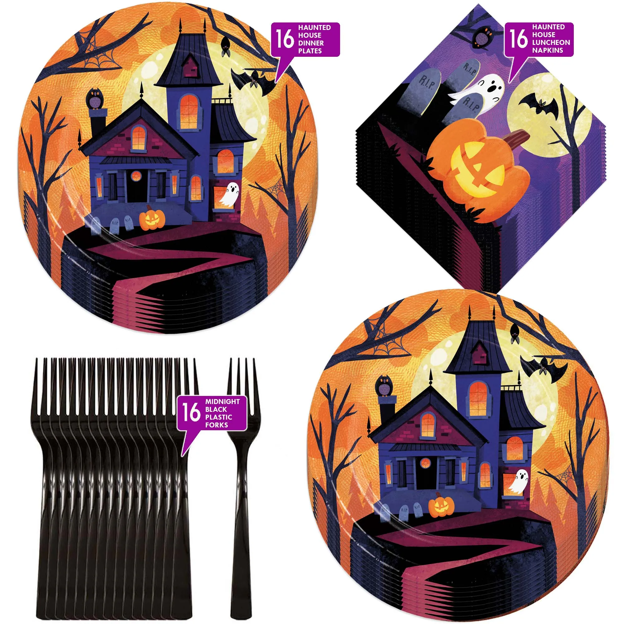 Halloween Party Haunted Mansion Orange Night Sky Paper Dinner Plates, Lunch Napkins, and Forks (Serves 16)