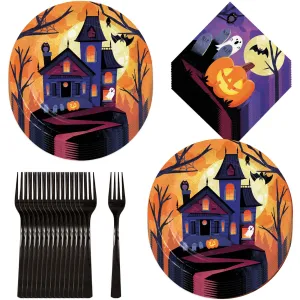 Halloween Party Haunted Mansion Orange Night Sky Paper Dinner Plates, Lunch Napkins, and Forks (Serves 16)