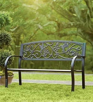 Hummingbird Patio Garden Bench Park Yard Outdoor Furniture, Detailed Decorative Design with Vines and Flowers, Classic Black Finish, Easy Assembly, 50 L x 17 1/2 W x 34 1/2 H