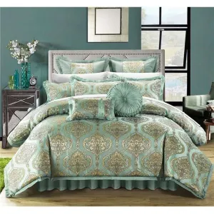 Jacquard Motif Fabric Complete Master Bedroom Queen Bed Comforter Set Blue - 13 Piece