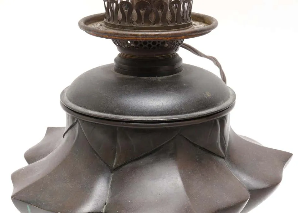 Japanese Meiji Bronze Lotus Electrified Oil Table Lamp