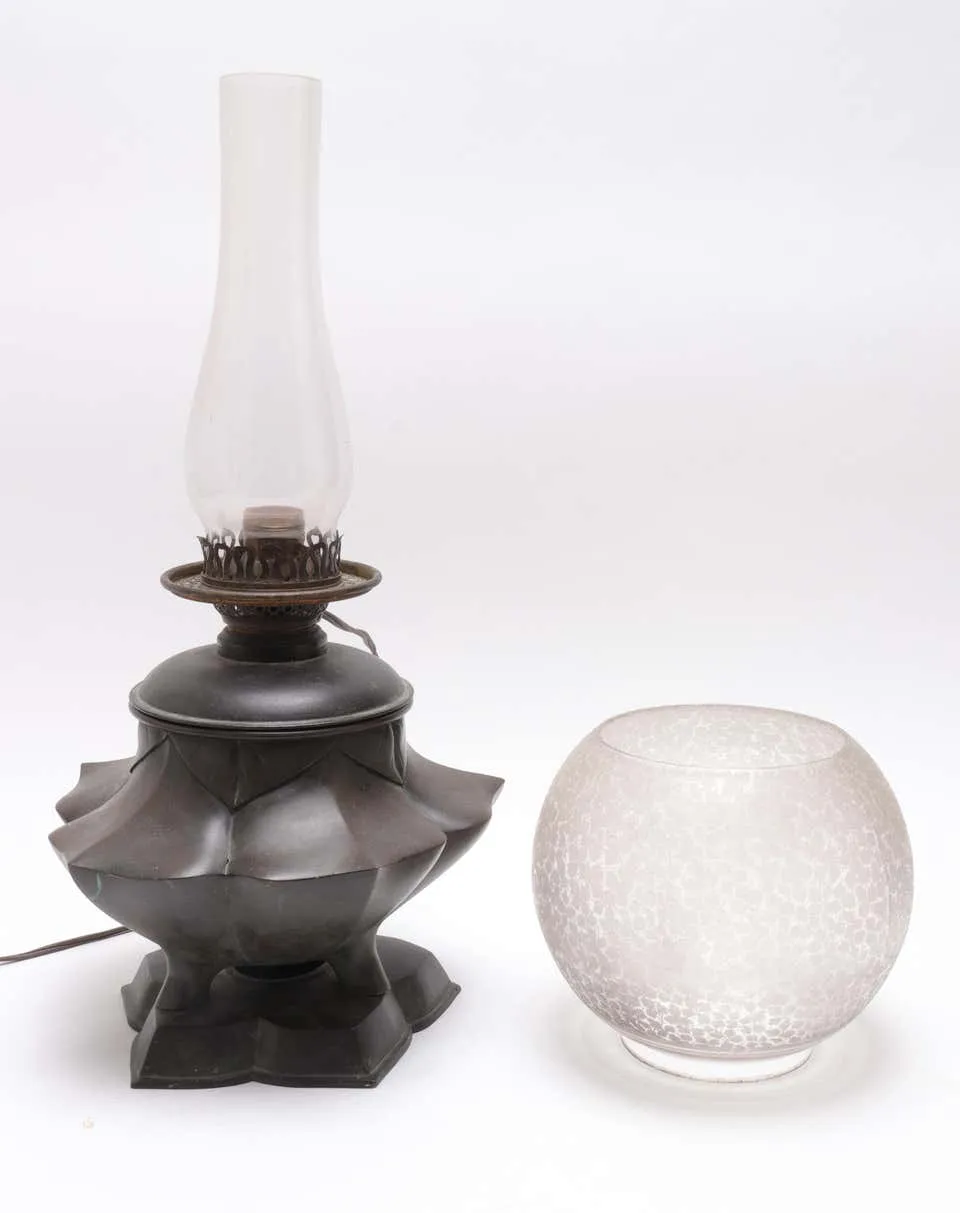 Japanese Meiji Bronze Lotus Electrified Oil Table Lamp