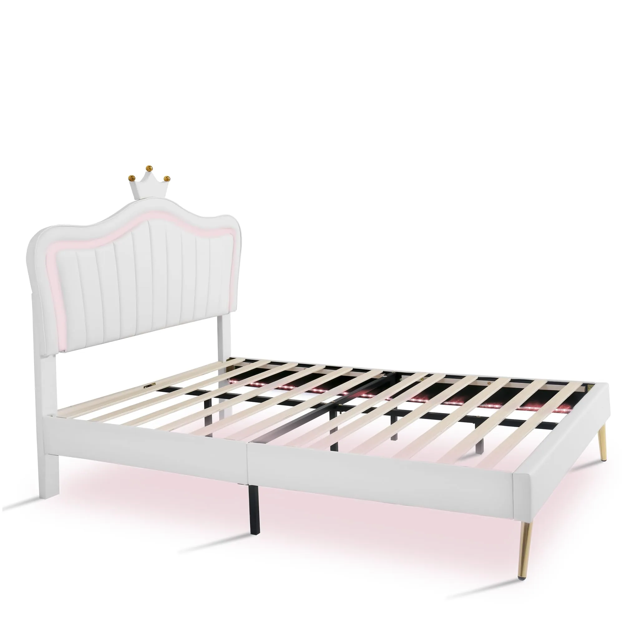 LED Full Bed Frame, Upholstered Platform Bed with Crown Headboard, Modern Faux Leather Princess Beds with Light for Kids Girls Boys Teens, No Box Spring Needed, White