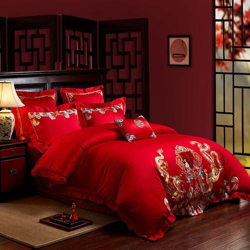 Luxury Red 100% Cotton Oriental Style Embroidery Wedding Bedding Sets