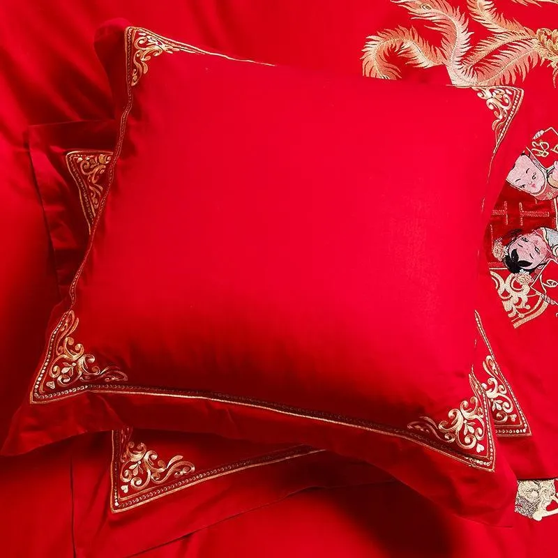 Luxury Red 100% Cotton Oriental Style Embroidery Wedding Bedding Sets