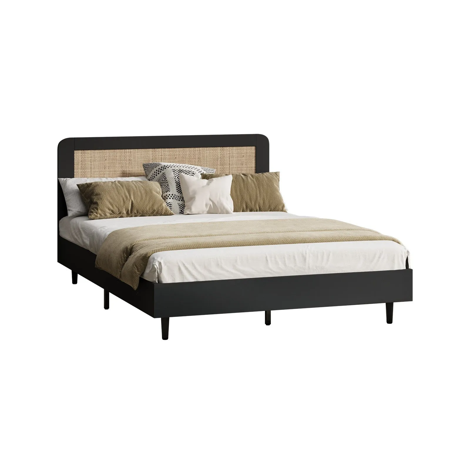 Oikiture Bed Frame Double Size Beds Real Rattan Headboard Black