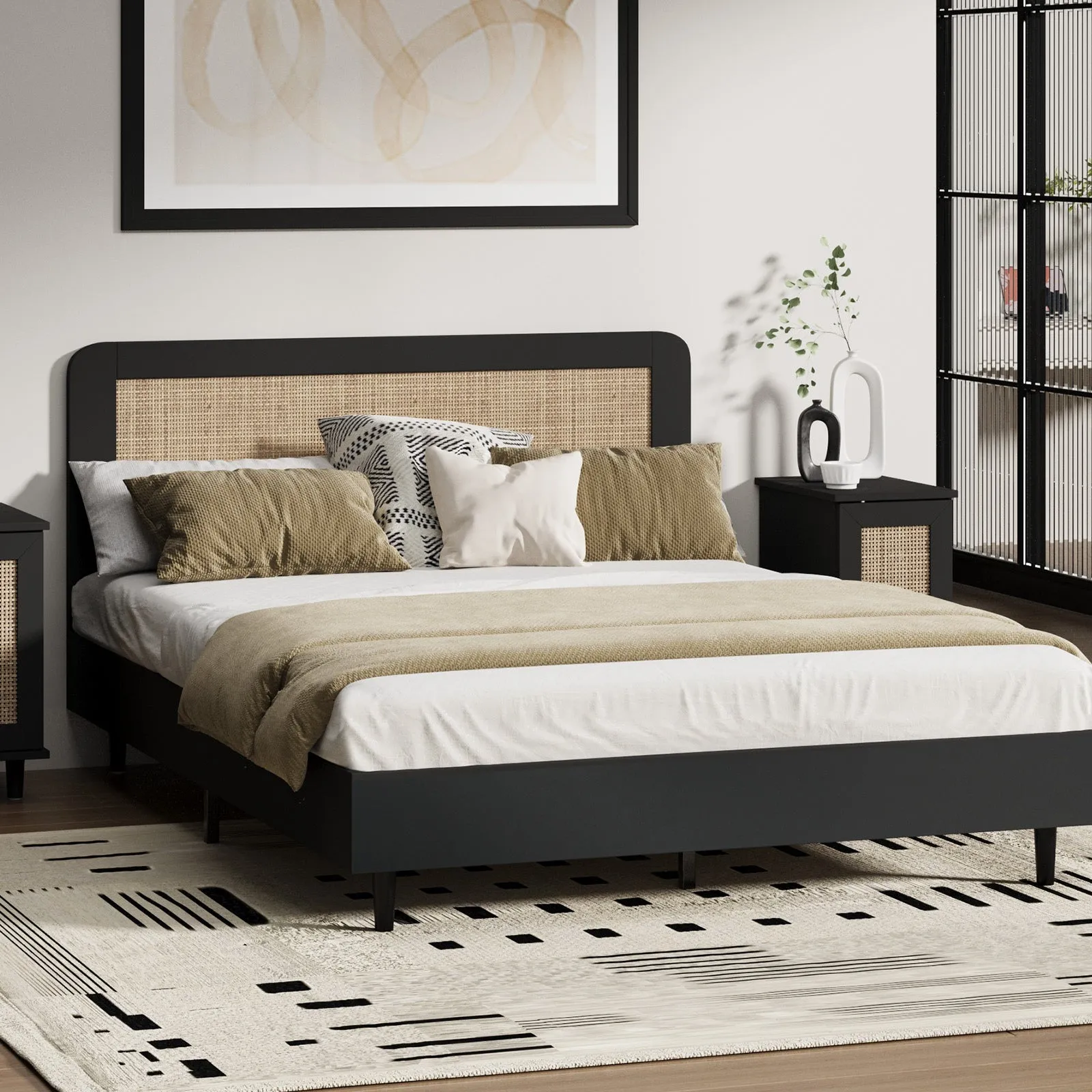 Oikiture Bed Frame Double Size Beds Real Rattan Headboard Black