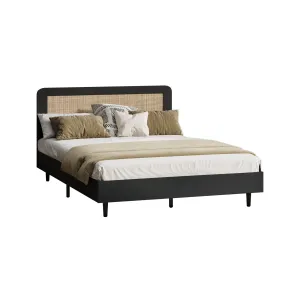 Oikiture Bed Frame Double Size Beds Real Rattan Headboard Black