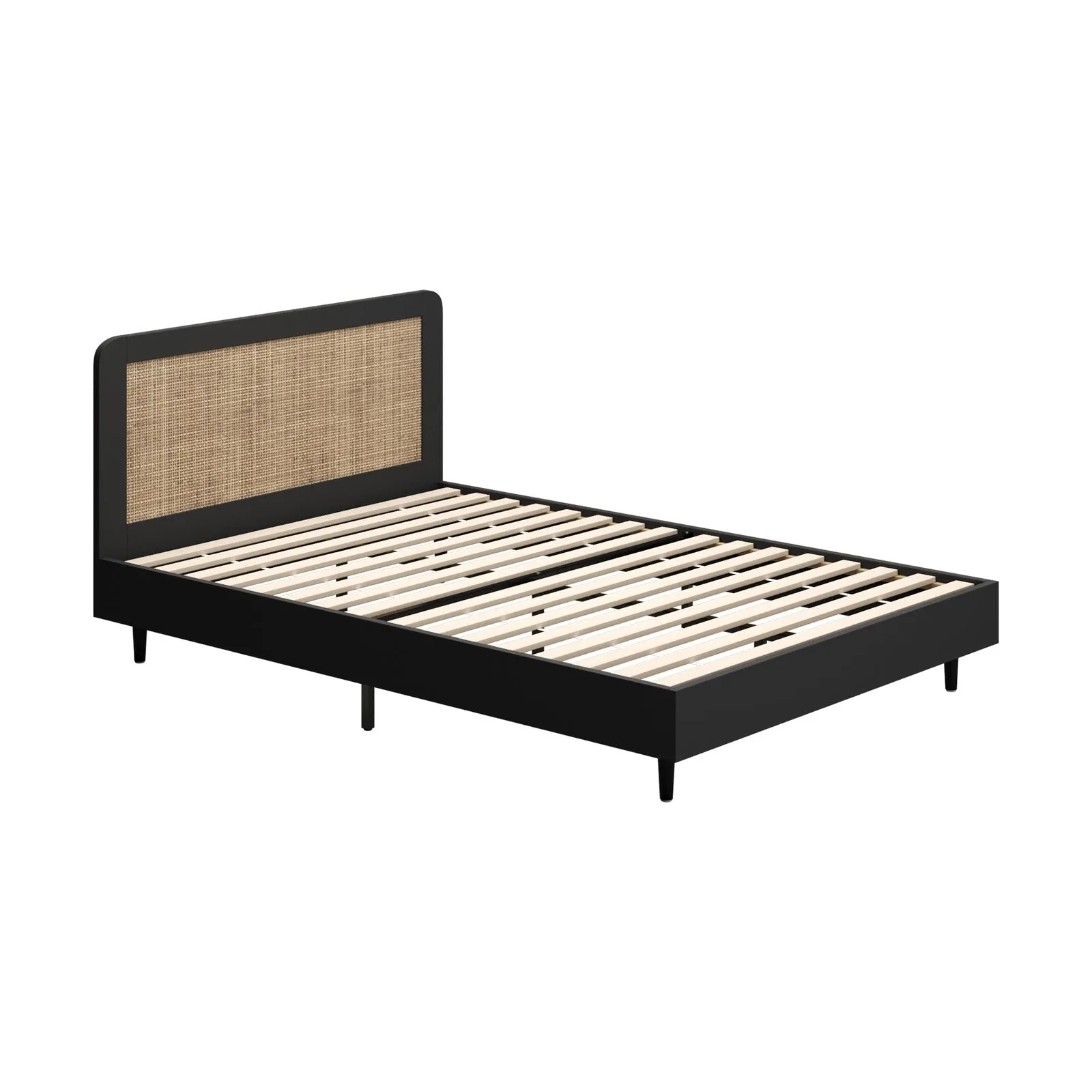 Oikiture Bed Frame Double Size Beds Real Rattan Headboard Black