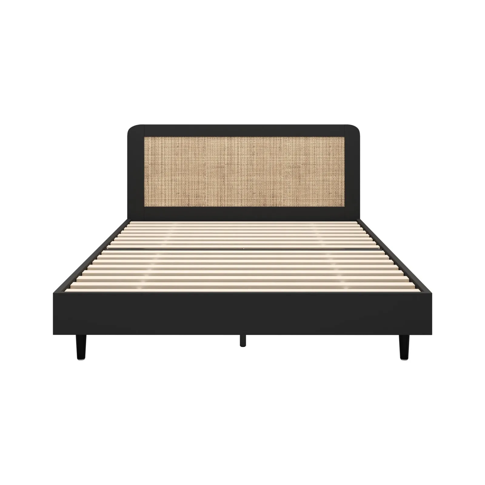 Oikiture Bed Frame Queen Size Beds Real Rattan Headboard Black