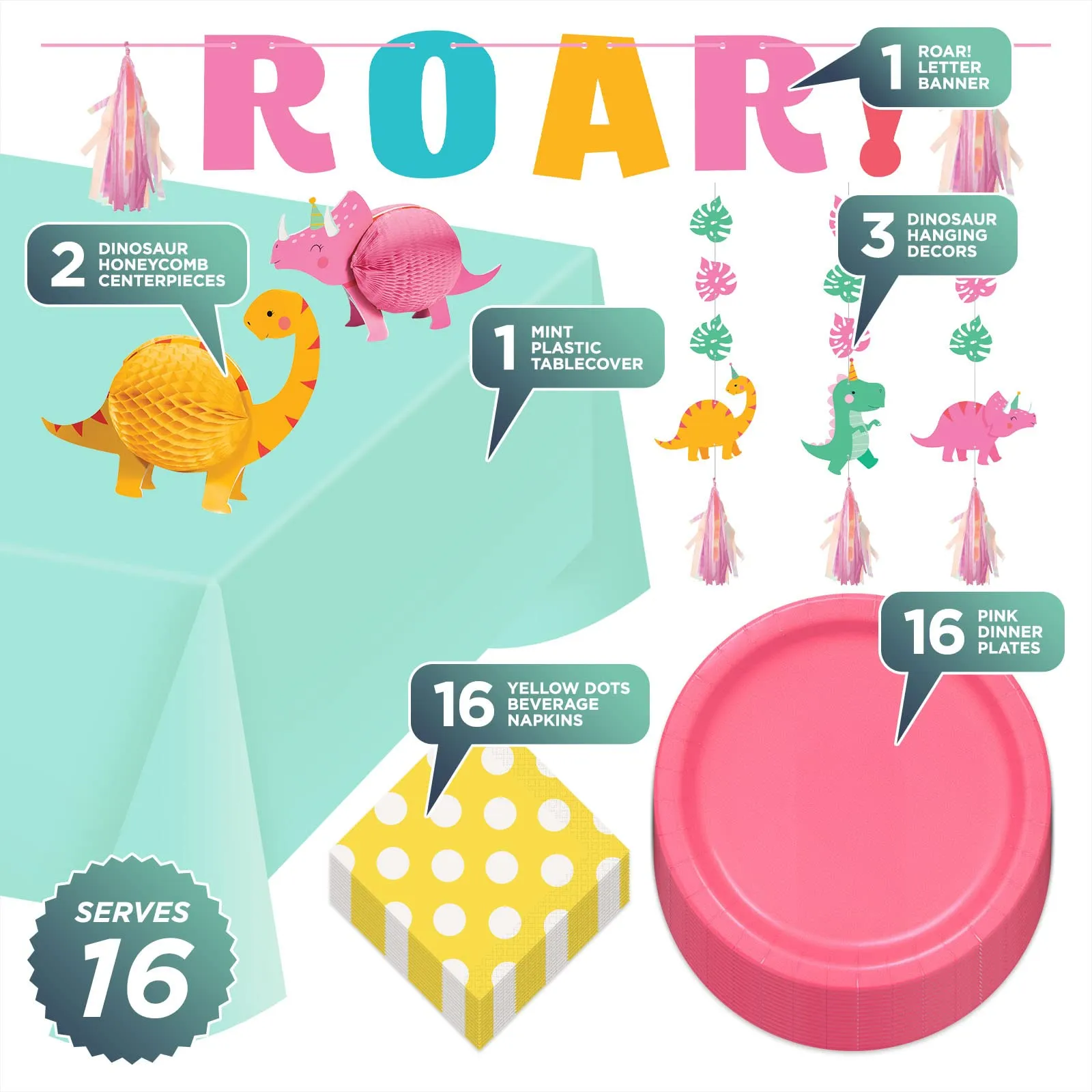 Pink Dinosaur Party Supplies - Dinner Plates, Napkins, Table Cover, Honeycomb Dino Centerpieces, Banner, and Cutouts (Serves 16)