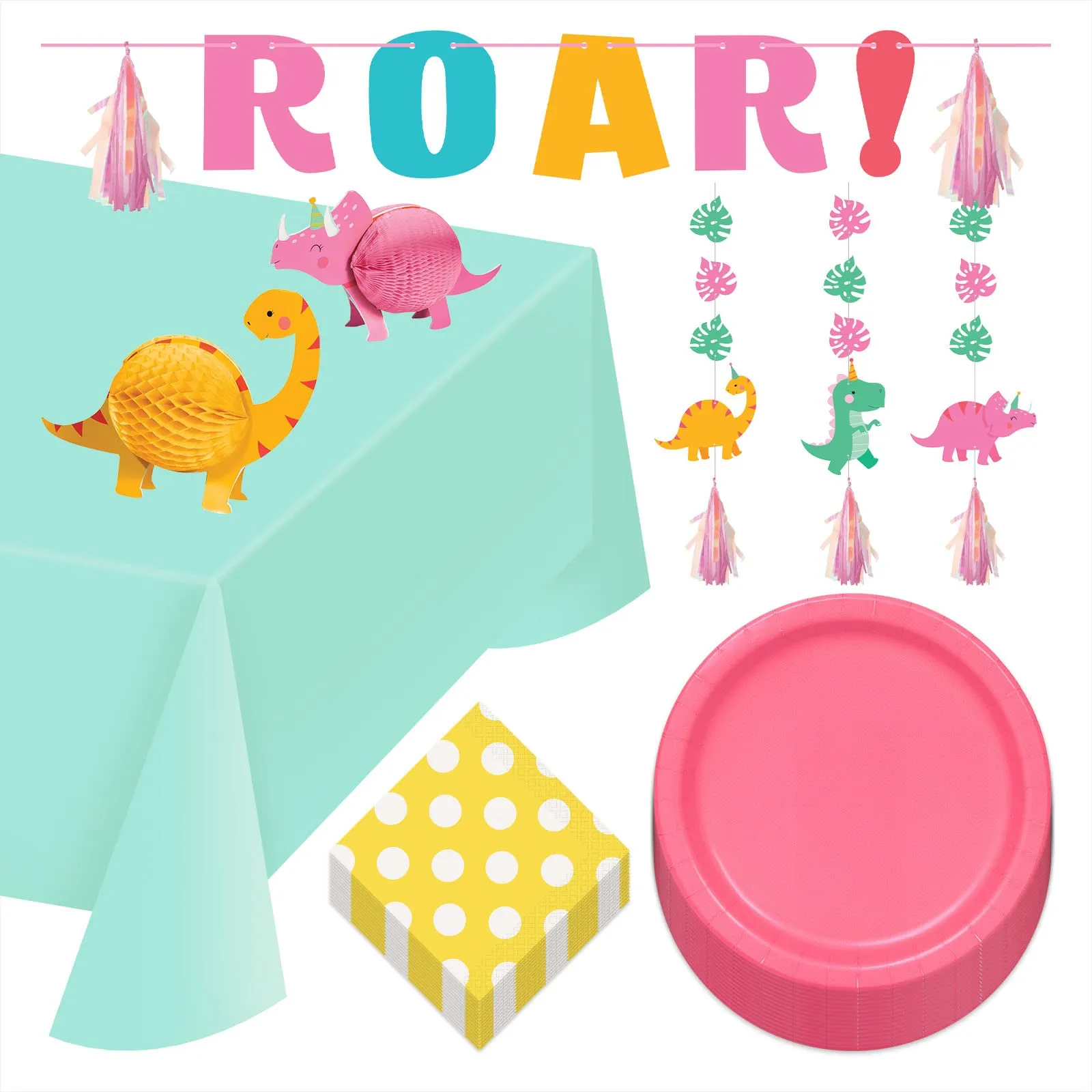 Pink Dinosaur Party Supplies - Dinner Plates, Napkins, Table Cover, Honeycomb Dino Centerpieces, Banner, and Cutouts (Serves 16)