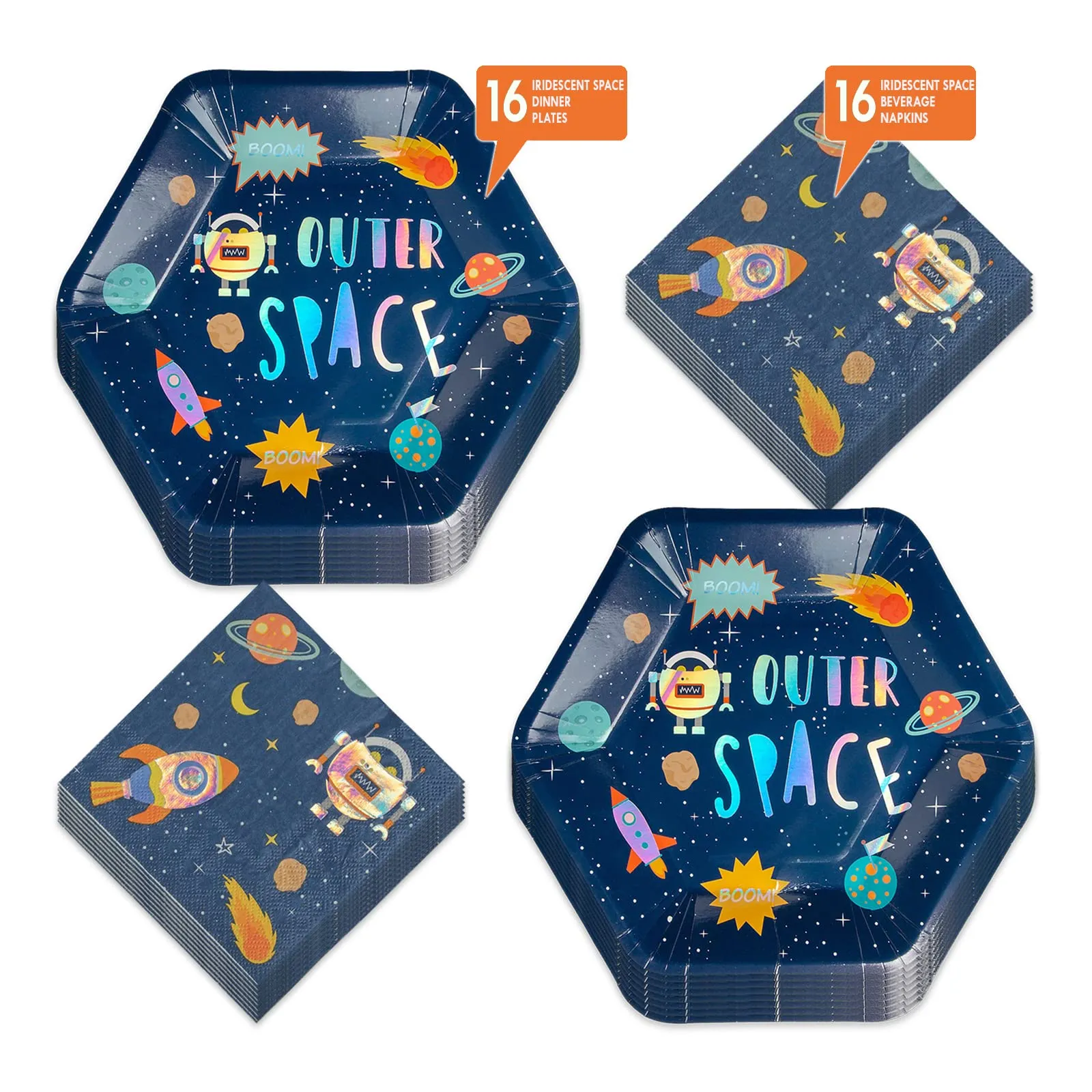 Space Party Plates and Napkins -Iridescent Out of This World Outer Space Party Paper Dinner Plates and Napkins (Serves 16)