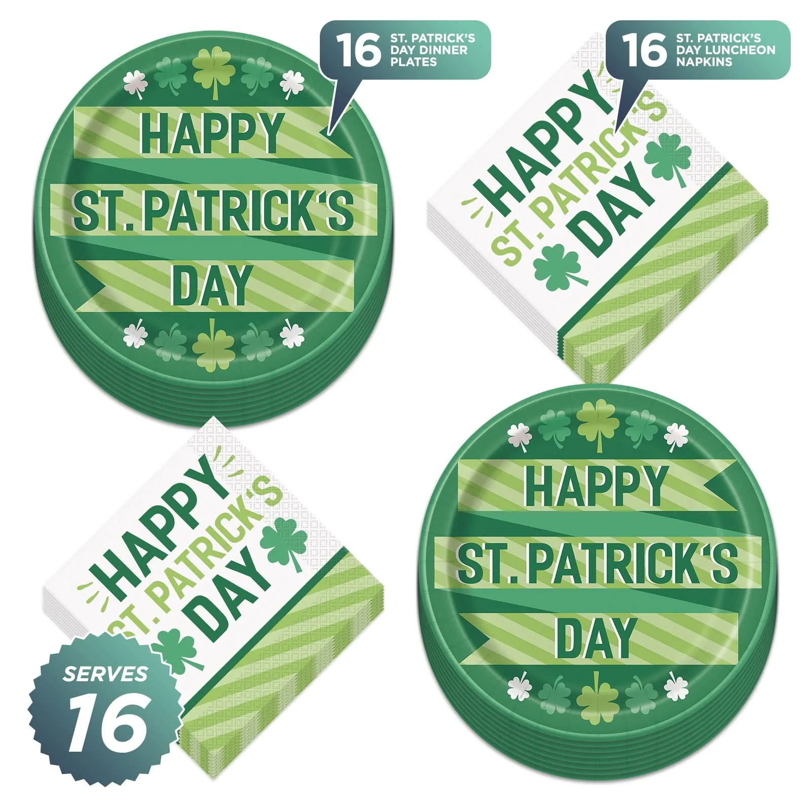 St. Patrick's Day Party Lucky Clover Paper Dinner Plates and Lunch Napkins (Serves 16)