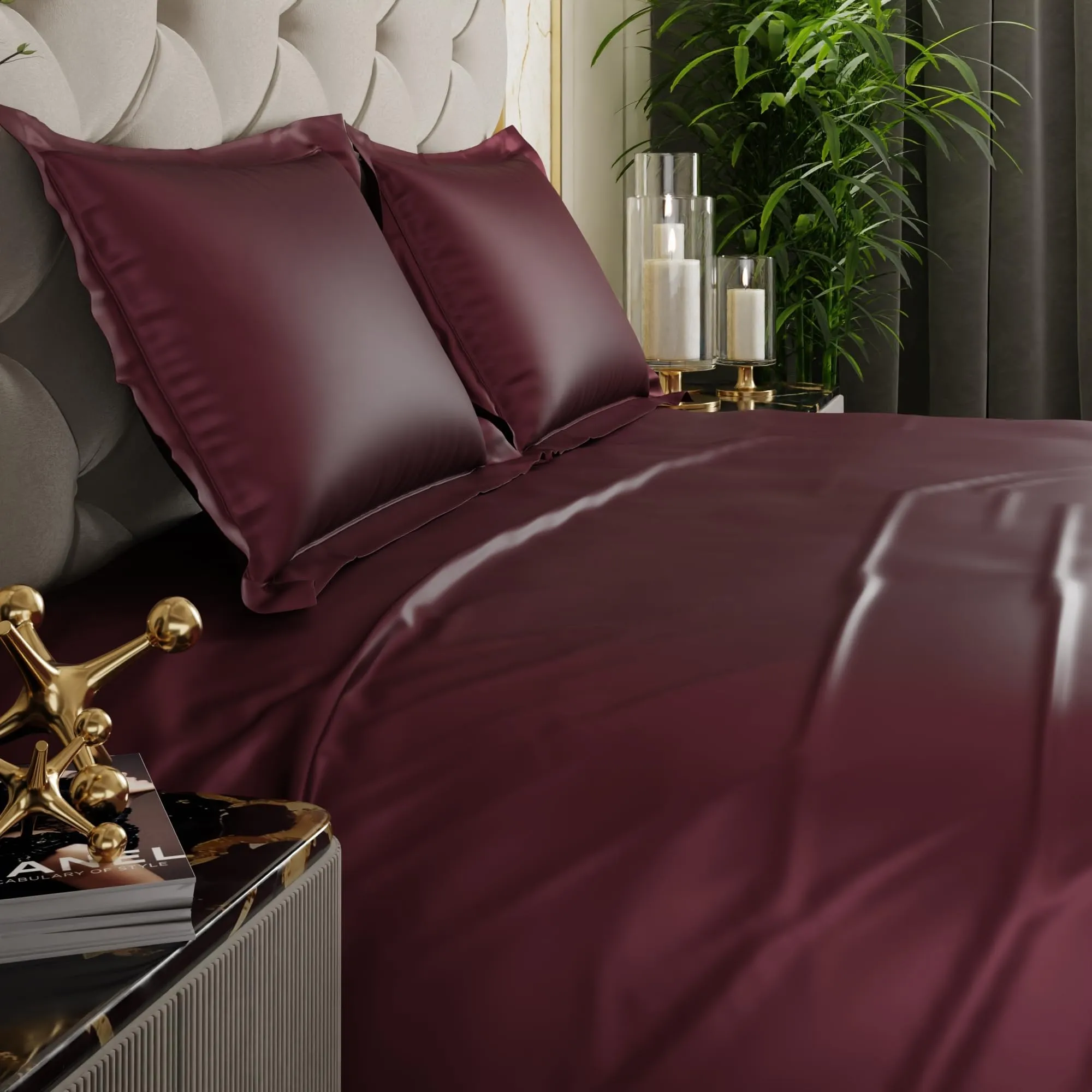 Stoa Paris Satin Bedsheets for Double Bed - 300TC Premium Bedsheet with 2 Pillow Covers, Gift for Couples for Romantic Dates, Luxury Bedding Set, Wedding - Velvet Wine